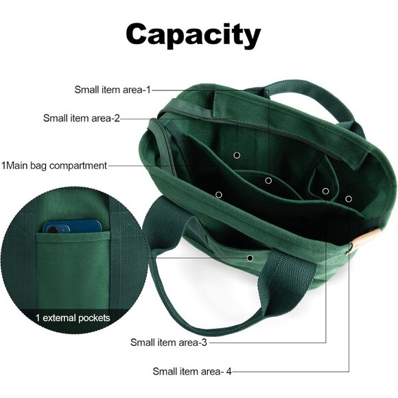Women's Dark Green Canvas Tote Bag With Multi Pockets Shoulder Bags With Zipper - Picture 4 of 6